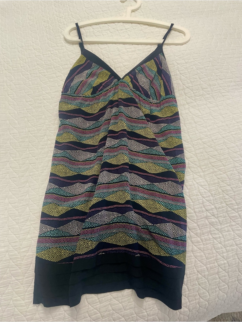 Yumi Kim Multicolor Silk Slip Dress w/ Black Pleated Trim Pockets Adj Straps